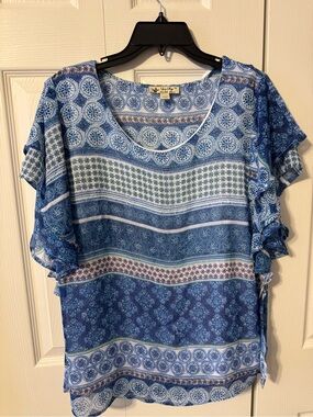 Unity World Wear Blue Patterned Flutter-Sleeve Blouse